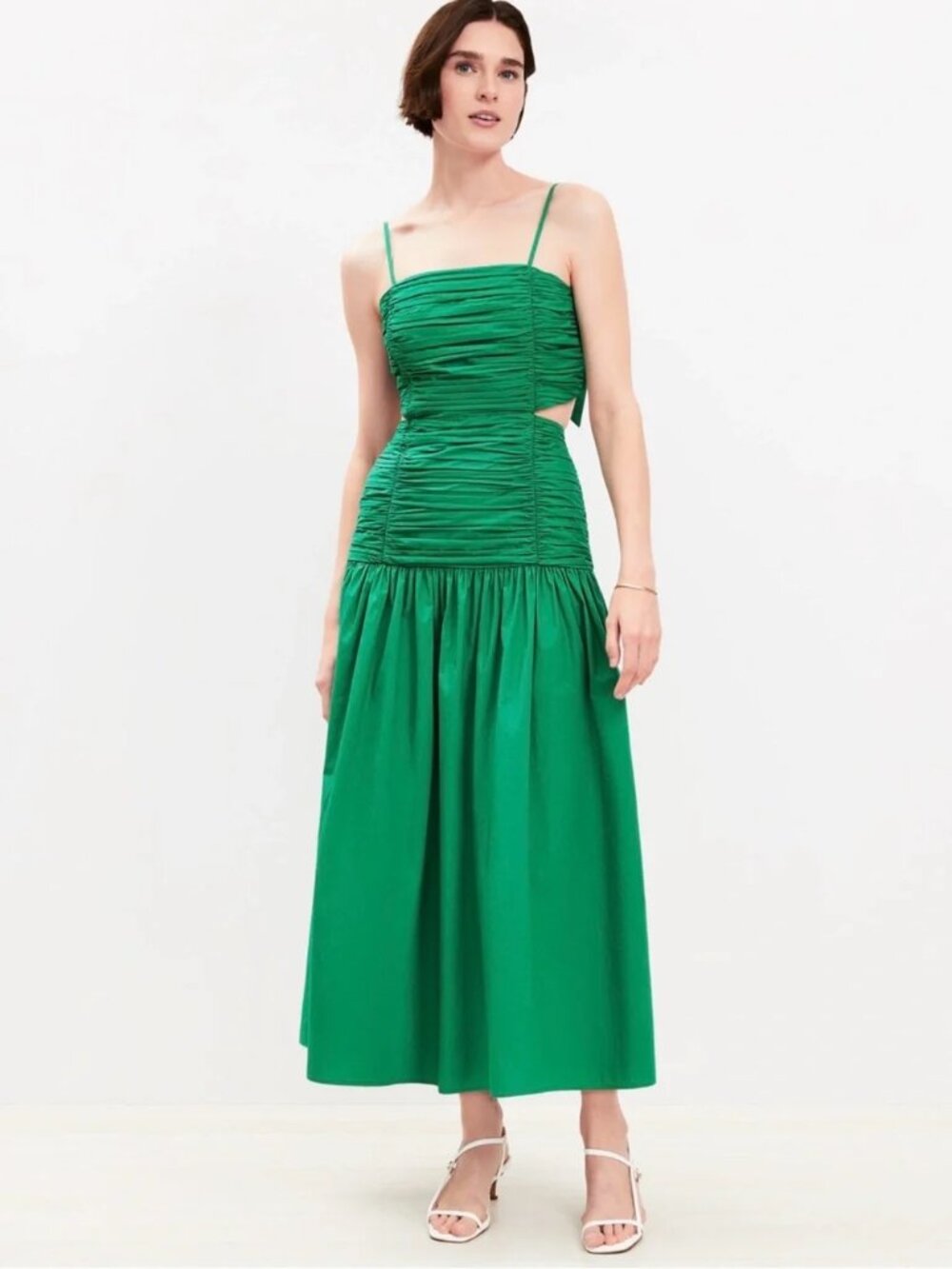 NWT LOFT Poplin Cutout Tie Back Ruched Midi Dress in Emerald Pine